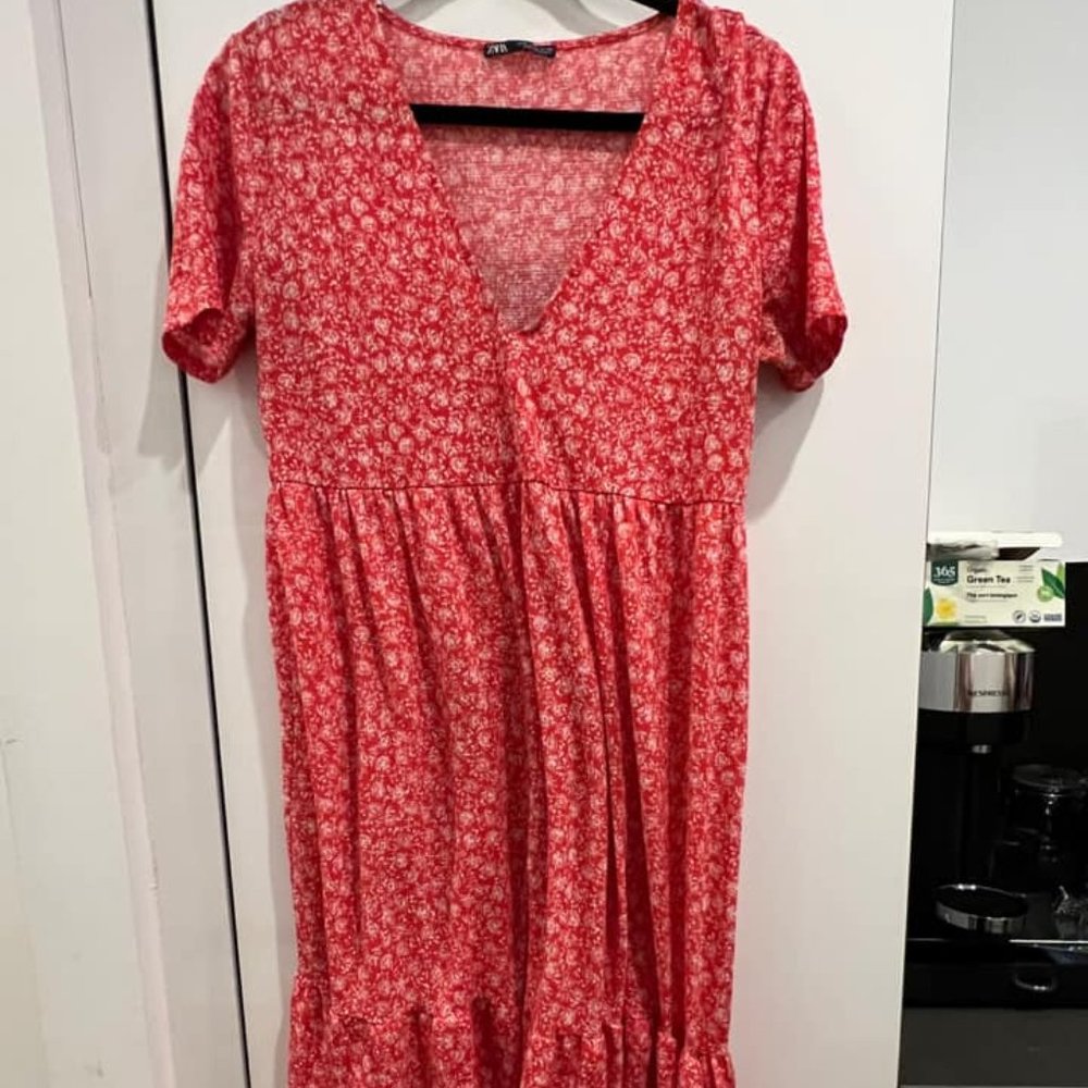 Zara Red Dress with White Flowers (Size Medium)